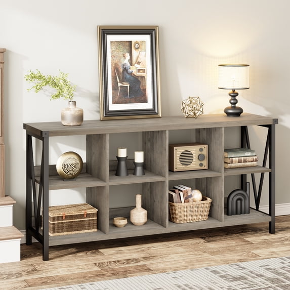 Grey Storage Bookshelves - 8 Cube Storage Organizer Bookshelf – Long Low Storage Shelf, Horizontal Bookcase, TV Stand – for Living Room, Entryway, Office
