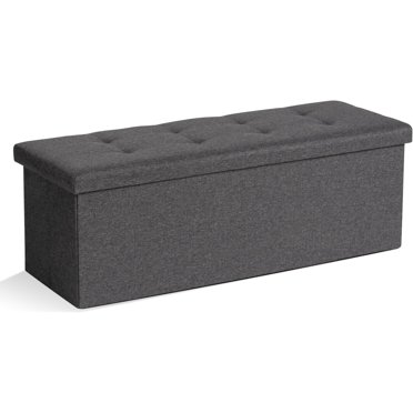 JHK Storage Ottoman Bench – Folding Padded Seat – Gray Linen – End Of Bed – 350 Lb Capacity