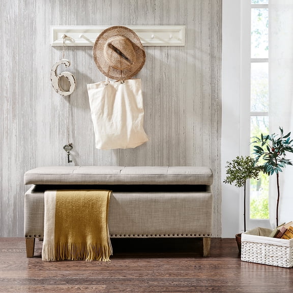 Grey Storage With Copper Nail Heads, Birch Legs Finish, Soft Close, 42" X 18" 18 Linen Bench, 42w 18d 18h, Close Feature, Assembly Needed