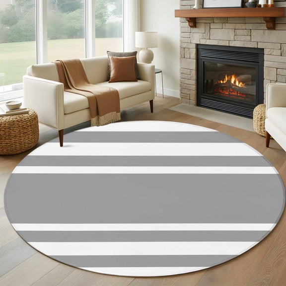 Grey Stripe 7' Round Rug for Living Room Conversation Area, Geometric Pattern White Stripes Modern Washable Non Slip Large Circle Area Rug