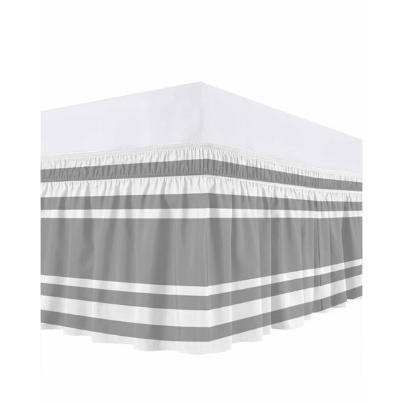 Grey Stripe Bed Skirt Queen Size 16&nbsp;Inch Drop, Geometric Pattern White Stripes Modern Wrap Around Dust Ruffle Bedskirts, Wrinkle & Fade Resistant Easy Fit Bedskirt with Adjustable Elastic