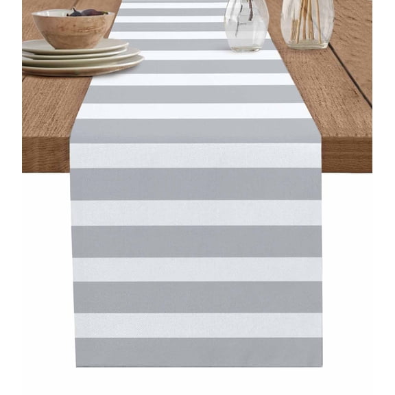Grey Stripe Burlap Cotton Table Runner 16x72 Inches Long, Modern Simple Geometric White Striped Farmhouse Table Runners, Outdoor Dining Tablecloths Decor for Baby Shower/Party/Wedding