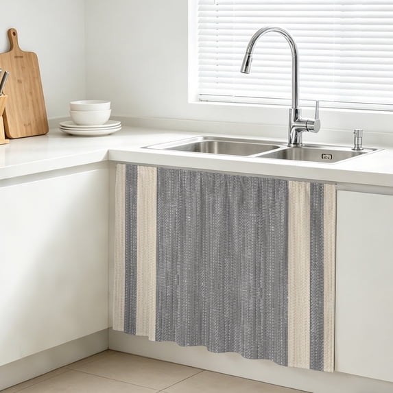 Grey Stripe Cabinet Curtains for Kitchen 11"W x 13"L, Modern Geometric Classic Linear Slub Fabric Texture Vanity Cabinet Curtains Magic Tape Short Curtain Decor Privacy Panel for Bathroom Laundry
