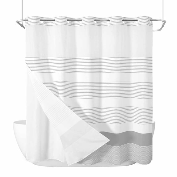 Grey Stripe No Hook Shower Curtain Waterproof, Bathroom Curtains with Snap in Liners and See Through Top Window, Modern Abstract Monochrome Geometric Hotel Style Bathtub Curtains Shower 66"Wx72"L