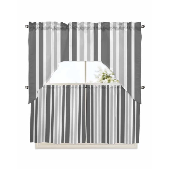 Grey Stripe Kitchen Curtain and Valance Set 3 Pieces, Rod Pocket Short Tier Curtains 24 Inch Length, Farmhouse Minimalist Striped Swag Topper Small Window Treatment for Cafe Bathroom Bedroom