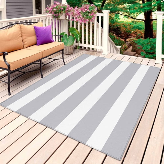 Grey Stripe Outdoor Rug for Patio/Deck/Porch, Non-Slip Large Area Rug 3 x 5 Ft, Modern Simple Geometric White Striped Indoor Outdoor Rugs Washable Area Rugs, Reversible Camping Rug Carpet Runner
