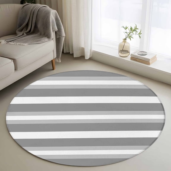 Grey Stripe Round Area Rug 3.3 FT, Non Slip Small Entryway Kitchen Mat, Minimalist Farmhouse Striped Washable Soft Circular Rug Non-Shedding Door Mat for Bathroom Playroom Kids Room