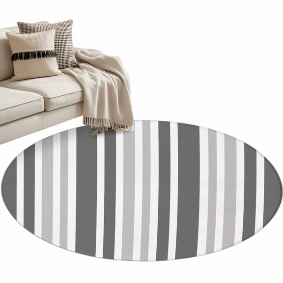 Grey Stripe Round Area Rug 3 FT, Small Kitchen Bathroom Mat, Farmhouse Minimalist Striped Washable Indoor Outdoor Throw Runner Carpet Non-Shedding Doormat for Table Shower Sofa Entryway
