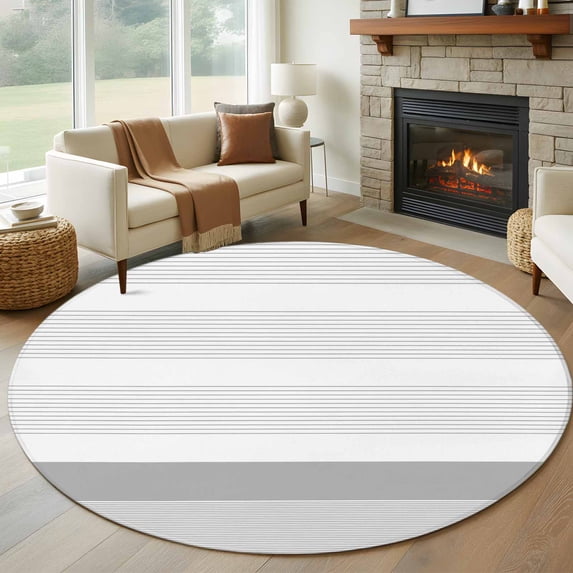 Grey Stripe Round Area Rug 5 FT, Non Slip Bedroom Rugs, Modern Abstract Monochrome Geometric Washable Soft Circular Carpet Non-Shedding Floor Mat for Kitchen Dining Room Foyer Balcony Dorm