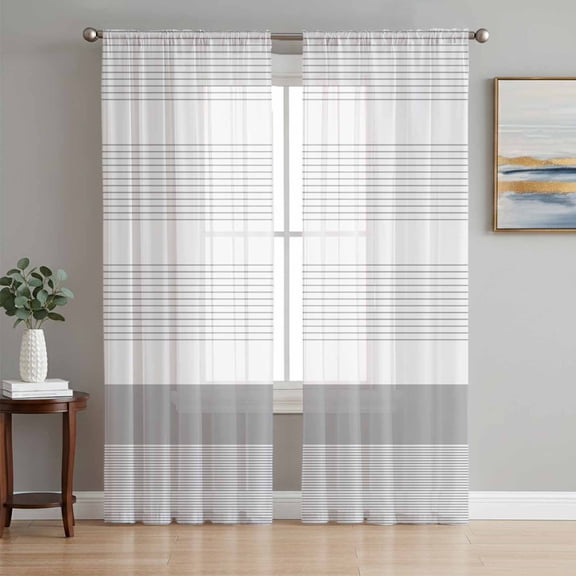 Grey Stripe Semi Sheer Curtains 84 Inch Length 2 Panels Set, Modern Abstract Monochrome Geometric Sheer Kitchen Curtain Privacy Voile Window Curtain for Living Room Bedroom Rod Pocket Drapes