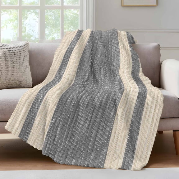 Grey Stripe Throw Blanket for Couch Modern Geometric Classic Linear Slub Fabric Texture Soft and Warm Flannel 3D Striped Fluffy Fuzzy Fleece Blanket Lightweight Throw for Bed, Sofa 30 x 40 Inches