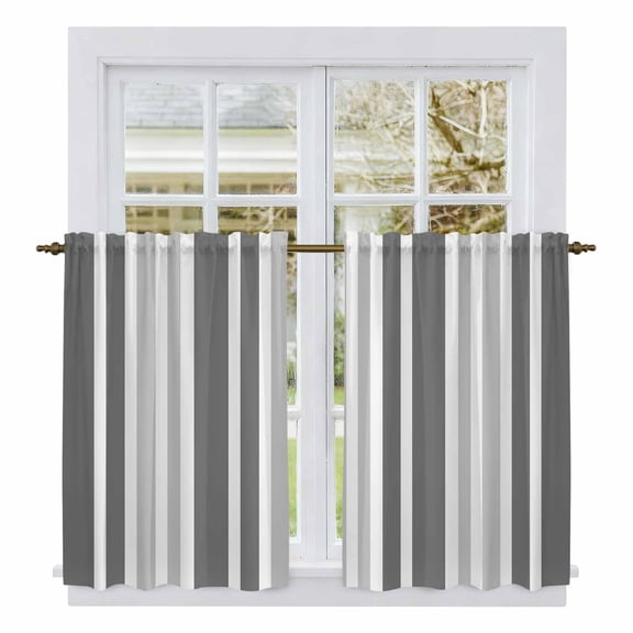 Grey Stripe Tier Curtains, Farmhouse Minimalist Striped Light Filtering Kitchen Curtains, 2Pcs Rod Pocket Half Window Treatments Panels for Sink Cafe Cabinet Basement 27.5x45 Inches