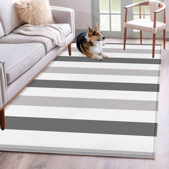 Grey Stripe Washable Area Rugs 4'x6', Classic Modern Low Pile Throw Living Room Rug Non-Slip Sturdy Edge Binding Carpet for Indoor Entryway Bedside Kitchen