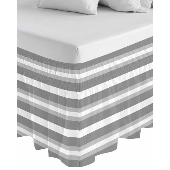 Grey Stripe Wrap Around Bed Skirts for Queen Bed 18" Drop, Bed Skirt with Adjustable Elastic Belt Dust Ruffle Bed Valance for Bedroom Hotel Luxury Minimalist Farmhouse Striped Bed Frame Cover
