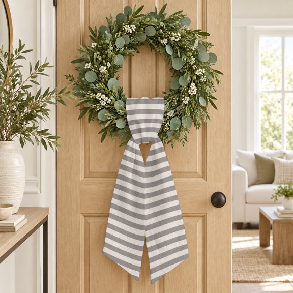Grey Stripe Wreath Sash, Country Farmhouse Vintage Classic Vertical Lines Decorative Ribbon Wreath Sash for Front Door, Porch Indoor Holiday Decor