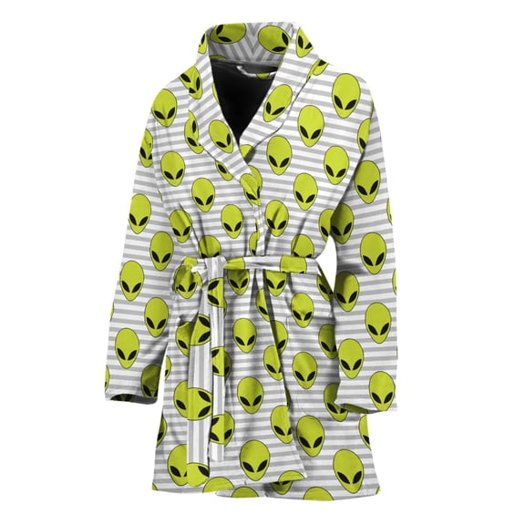 Grey Striped Alien Pattern Women Bathrobe One Size Univeral Fits, Alien Ufo Space Fashion Lightweight Plush Fleece Long Robe For Women