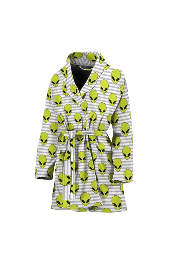 Grey Striped Alien Pattern Women Bathrobe One Size Univeral Fits, Alien Ufo Space Fashion Lightweight Plush Fleece Long Robe For Women
