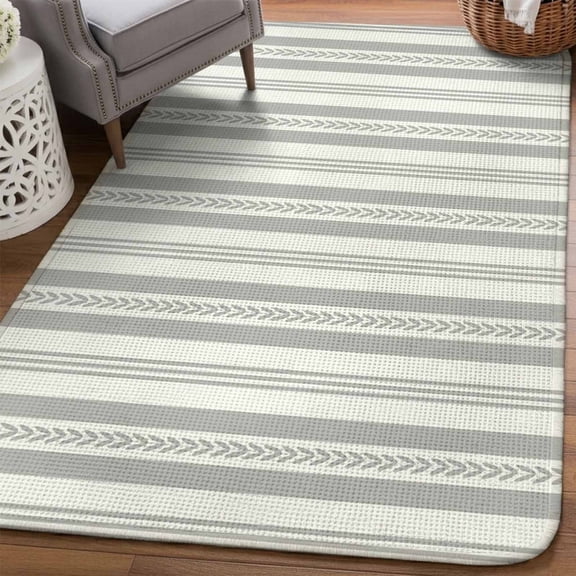 Grey Striped Area Rugs for Living Room 5x6, Rustic Country Stripes Farmhouse Modern Washable Area Rug with Non Slip Backing, Stain Resist Linen Carpet for Bedroom, Dining Room, Entryway, Entrance