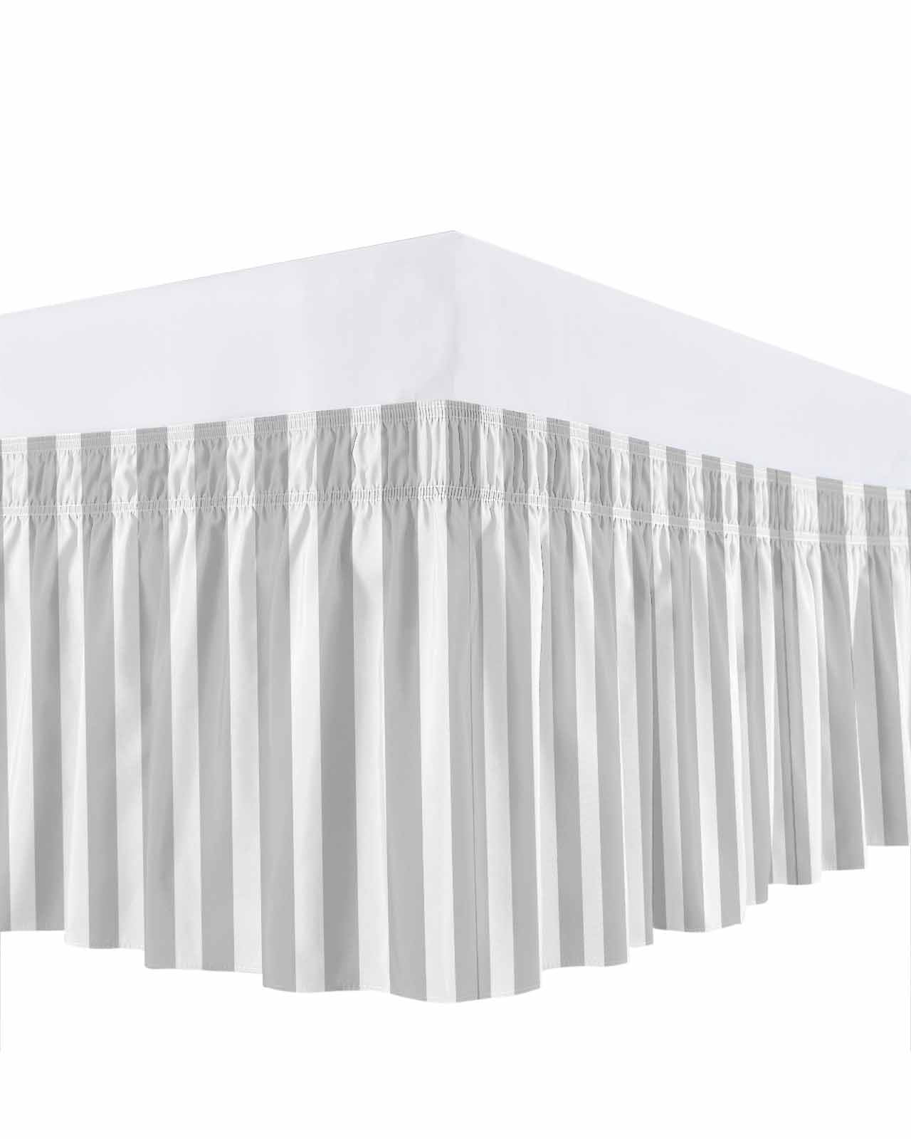 Grey Striped Bed Skirt King Size, Modern Farmhouse Gray White Stripes Wrap Around Bed Skirting with Adjustable Elastic Strap, Dust Ruffled Pleated Bedskirts 18 Inch Drop for Bedroom King Beds