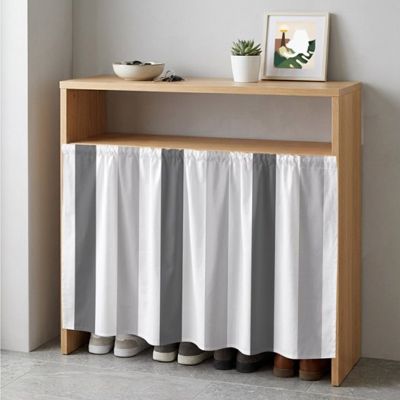 Grey Striped Cabinet Curtain 35"Wx35"L, Dustproof Under Sink Skirt with Self Adhesive Tape, Minimalist Farmhouse Stripe Cabinet Curtain Cover for Kitchen Sink, Bathroom Vanity, Laundry Room
