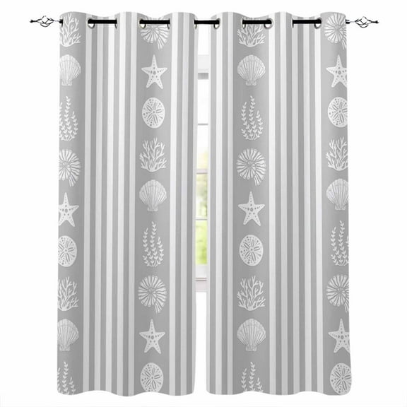 Grey Striped Coastal Blackout Curtains 39 Inches Long for Bedroom, Nautical Beach Starfish Shell Thermal Insulated Room Darkening Black Out Window Curtain Panels Grommet Drapes for Living Room