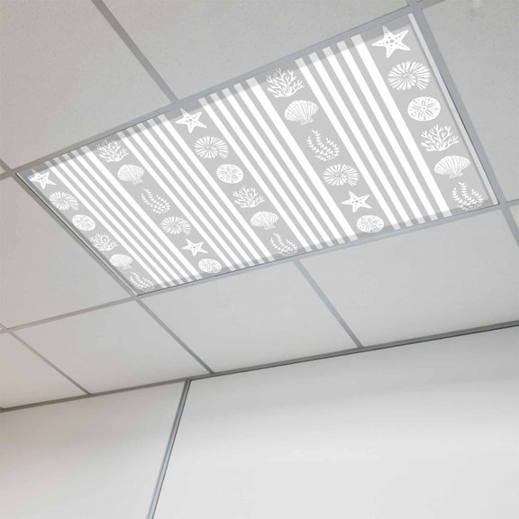 Grey Striped Coastal Fluorescent Light Covers, Nautical Beach Starfish Shell Magnetic Light Covers for Ceiling Lights, Fluorescent Ceiling Shade Filters for Classroom Bedroom Office 4x2Ft x 1PCS