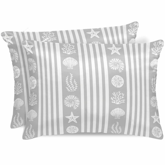 Grey Striped Coastal Pillow Cases King Size Set of 2, Smooth Satin Pillowcase for Hair and Skin, Nautical Beach Starfish Shell Decorative Cooling Bed Pillow Covers with Zipper, 20x36 Inches