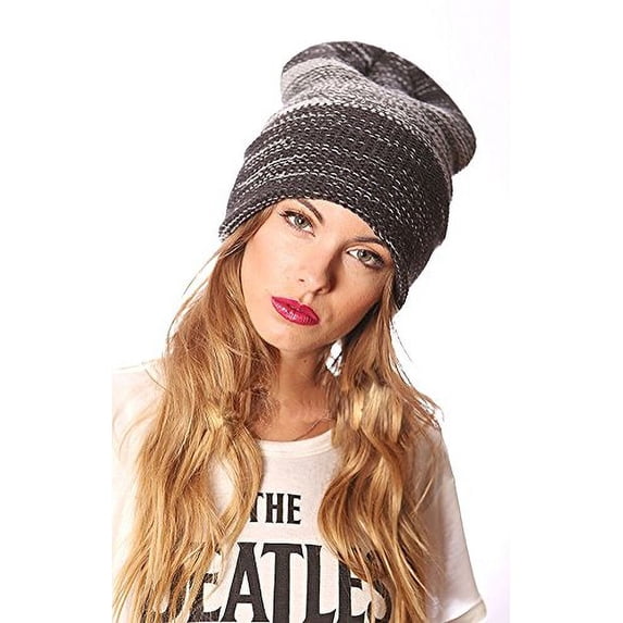 Grey Striped Design Slouchy Loose Knit Oversized Fashion Beanie