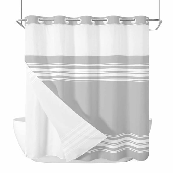 Grey Striped No Hook Shower Curtain Waterproof,Bathroom Curtains with Snap in Liners and See Through Top Window,Luxurious White Stripes Modern Abstract Art Hotel Bathtub Curtains Shower 72"Wx72"L