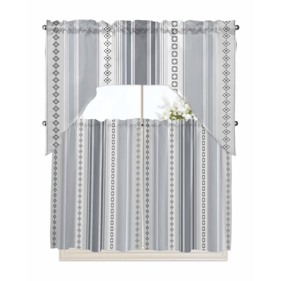 Grey Striped Kitchen Curtain and Valance Set 3 Pieces,Rod Pocket Short Tier Curtains 36 Inch Length,Modern Geometric Abstract Art Contemporary Swag Topper Small Window Treatment for Cafe Bathroom