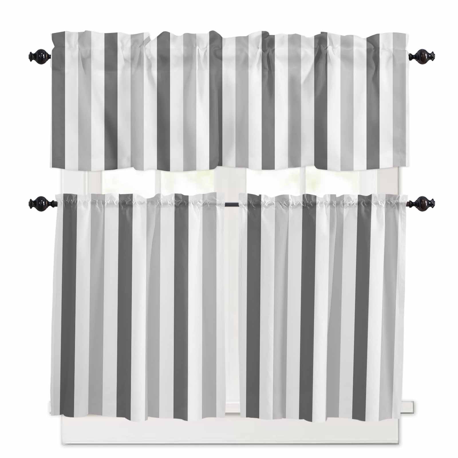 Grey Striped Kitchen Curtains Set for Windows 3 Pieces,36 Inch Length ...