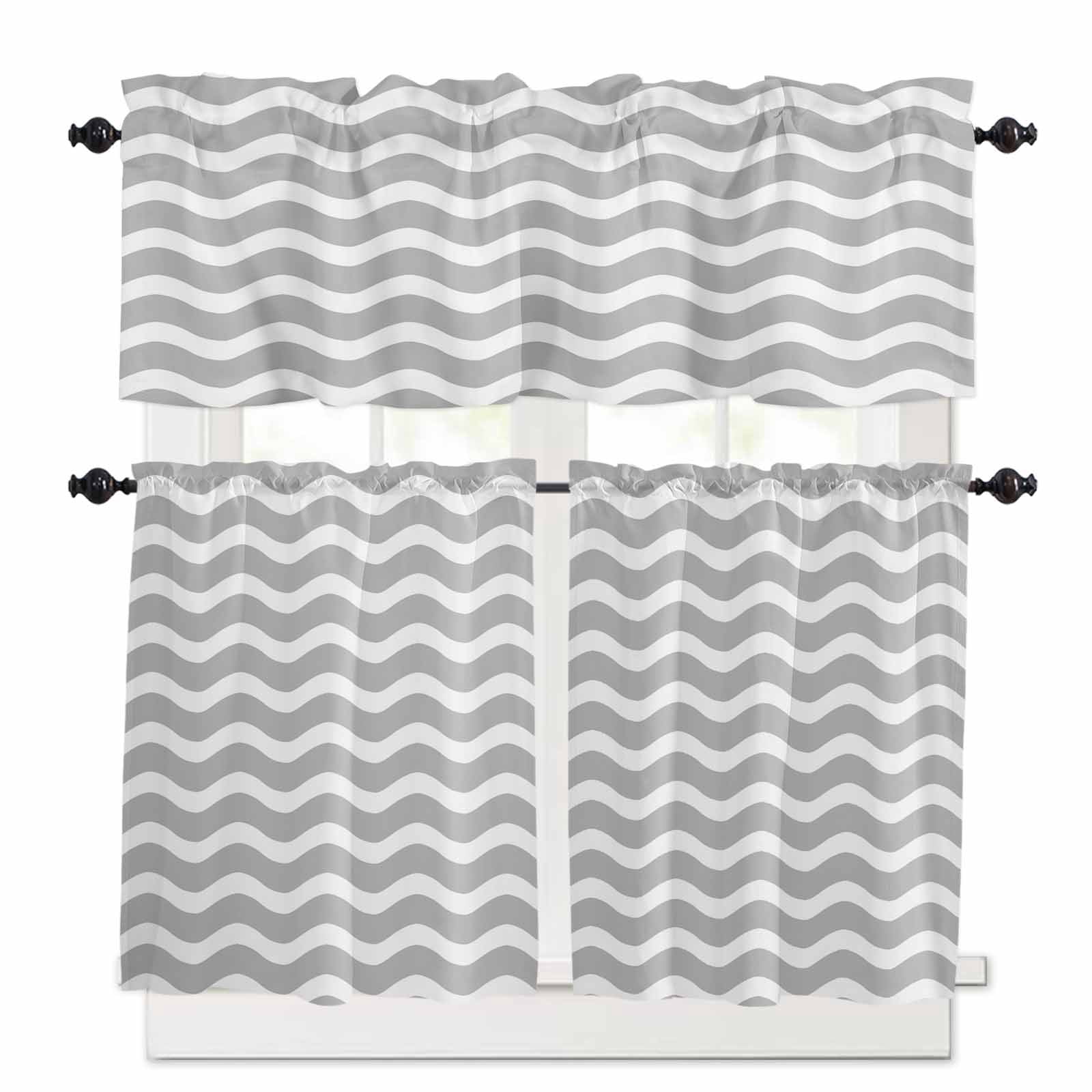 Grey Striped Kitchen Curtains Set for Windows 3 Pieces,36 Inch Length ...
