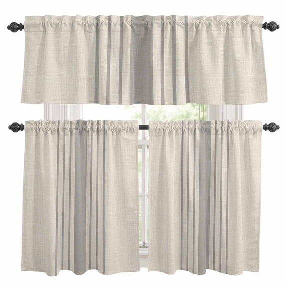Grey Striped Kitchen Curtains Sets for Windows 36 Inch Length, Beige Geometric Modern Minimalist Rod Pocket Window Treatments Tier Curtains and Valances Set for Bedroom/Bathroom