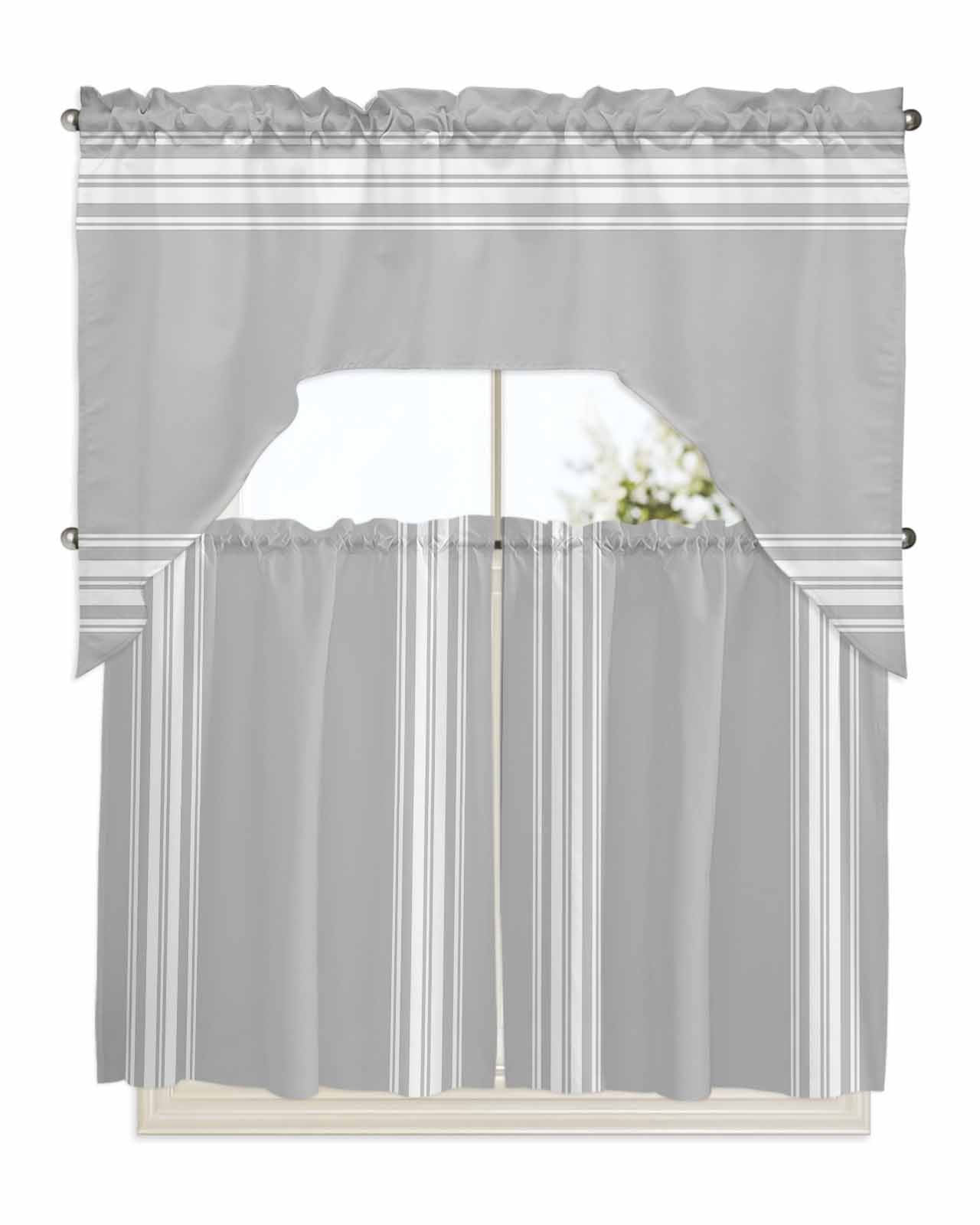 Grey Striped Kitchen Curtains Swag Valance and Tier Curtains Set 36 ...