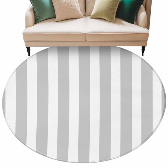 Grey Striped Large Area Rugs for Bedroom Living Room, Soft Non Slip Carpet Bedside Rug, Modern Farmhouse Gray White Stripes Round Floor Cover Kitchen Accent Rug 8' for Dining Room/Office