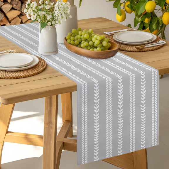 Grey Striped Nordic Minimalism Table Runner 13x48in Non-Slip Cotton Linen Table Runners, Leafy Vertical Lines Dresser Scarves TableRunner for Dinner Kitchen Dining Wedding Party