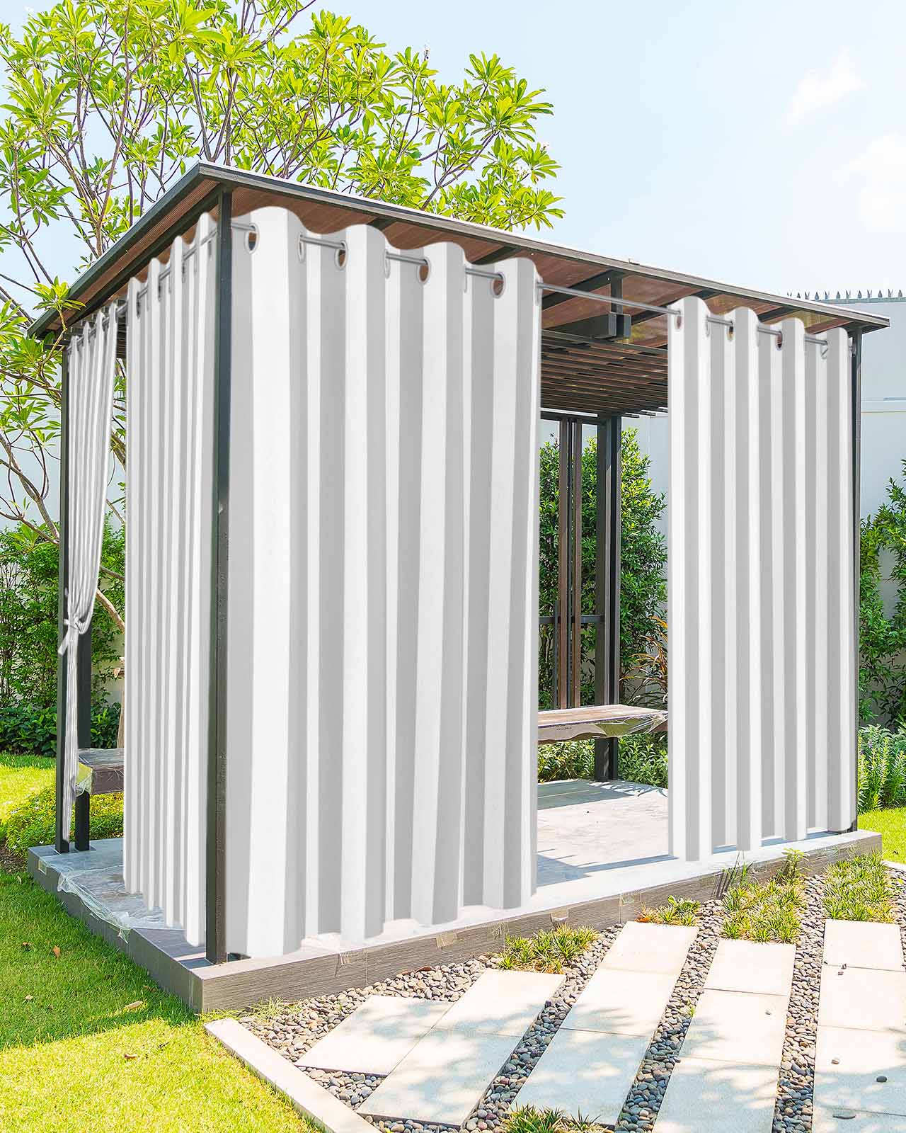 Grey Striped Outdoor Curtains for Patio, Modern Farmhouse Gray White Stripes Privacy Drapes Grommet Waterproof Outside Curtains for Porch/Cabana/Balcony 54"x 95", 2 Panel