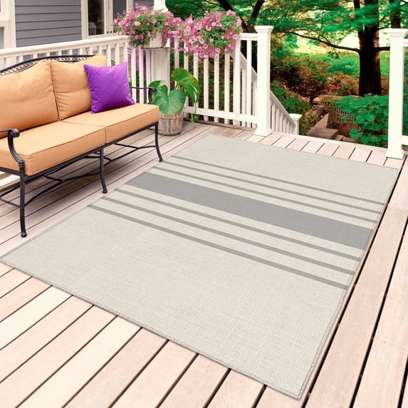 Grey Striped Outdoor Rug for Patio/Deck/Porch, Non-Slip Large Area Rug 3 x 5 Ft, Beige Geometric Modern Minimalist Indoor Outdoor Rugs Washable Area Rugs, Reversible Camping Rug Carpet Runner