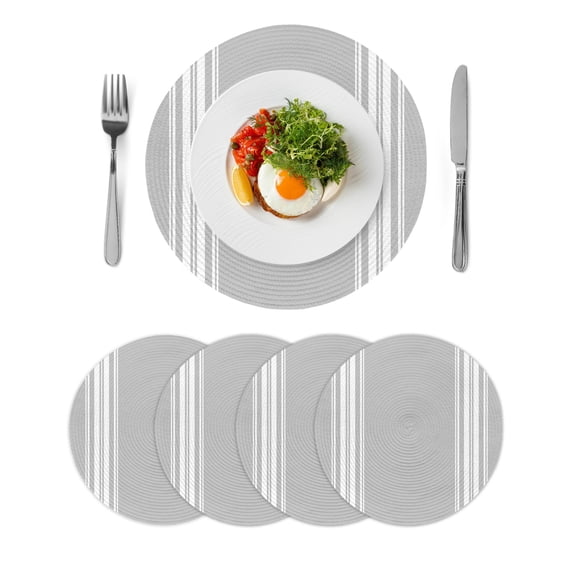 Grey Striped Round 13 Inch Placemats Set of 4, Luxurious White Stripes Modern Abstract Art HeatResistant Non Slip Place Mats for Dining Table, Wipeable Braided Kitchen Table Mats for Housewarming
