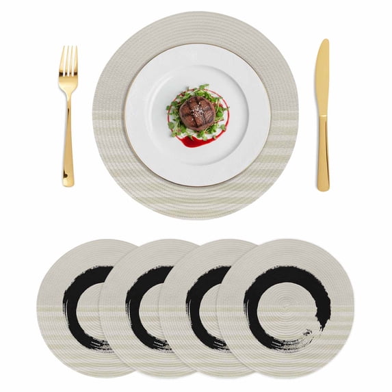Grey Striped Round 15 Inch Placemats Set of 4, Black Geometric Vintage Stripes Ombre HeatResistant Non Slip Place Mats for Dining Table, Wipeable Braided Kitchen Table Mats for Housewarming