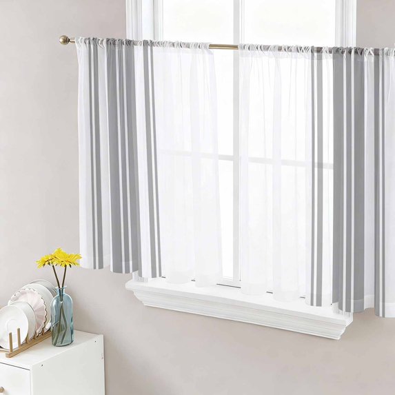 Grey Striped Semi Sheer Curtains 54 Inch Length 2 Panels Set, Modern White Striped Abstract Art Aesthetics Sheer Kitchen Curtain Privacy Voile Window Curtain for Living Room Bedroom Rod Pocket Drapes