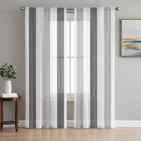 Grey Striped Semi Sheer Curtains 63 Inch Length 2 Panels Set, Minimalist Farmhouse Stripe Sheer Kitchen Curtain Privacy Voile Window Curtain for Living Room Bedroom Rod Pocket Drapes