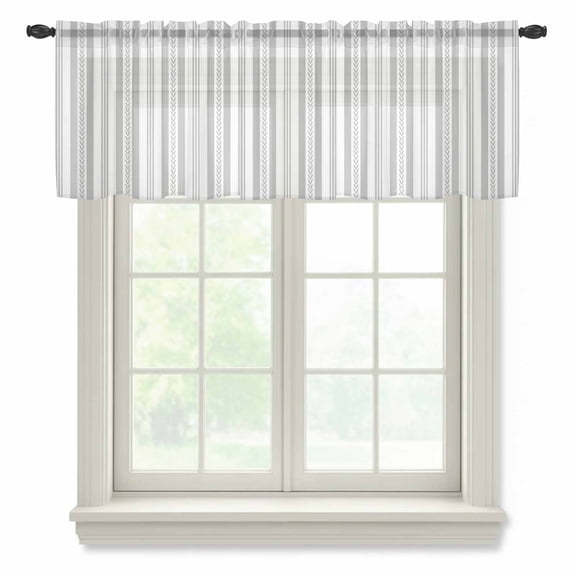 Grey Striped Semi Sheer Valance Curtains Rustic Country Stripes Farmhouse Modern Voile Valances Curtain Rod Pocket Small Window Treatment for Kitchen Bathroom Cafe 60"x18"