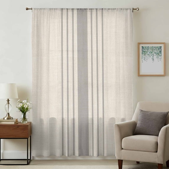 Grey Striped Sheer Curtains 45 Inches Long, Beige Geometric Modern Minimalist Light Filering Curtains, Breathable Simi Curtain Privacy Drapes for Kitchen Bathroom Lightweight Small Window Treatment