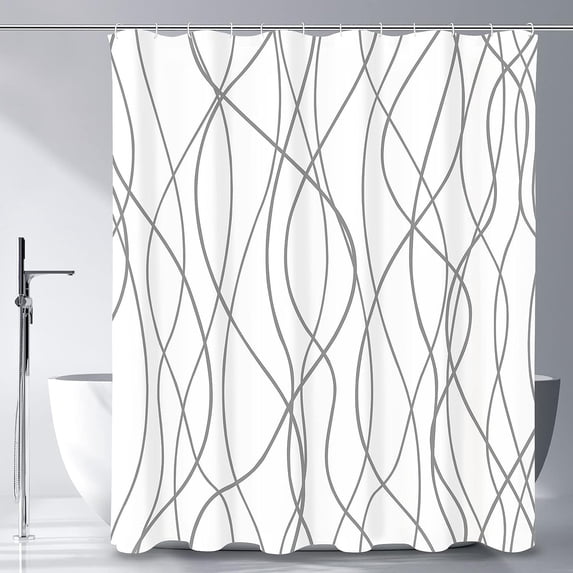 Grey Striped Shower Curtain for Bathroom, Gray and White Modern Minimalist Waterproof Fabric Shower Curtain Set with Hooks, 72" x 72"
