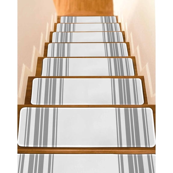 Grey Striped Stair Treads for Wooden Steps Indoor Runner Rug Carpet, Modern White Striped Abstract Art Aesthetics 7 Pieces Peel and Stick Staircase Step Treads Covers Washable Throw Door Mats, 30"x8"