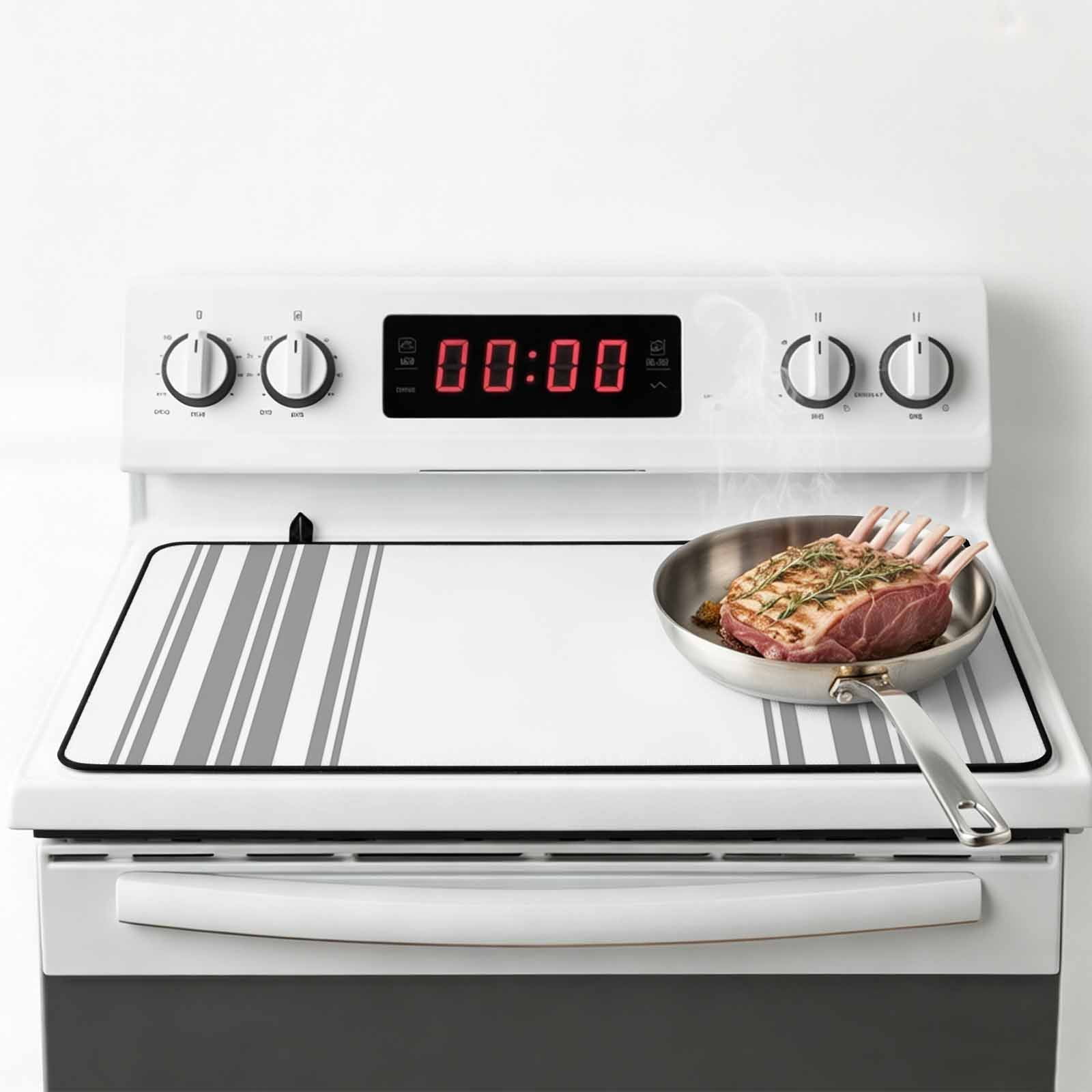 Grey Striped Stove Top Cover for Electric Stove, Heat-proof & Non Slip Glass Top Stove Cover Protector, Modern White Striped Abstract Art Aesthetics Kitchen Flat Cooktop Rubber Mat 28.5x20.5 Inches