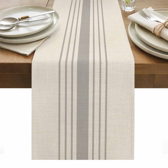 Grey Striped Table Runner - 70 Inch Long, Kitchen Dining Table Runner Dresser Scarves, Beige Geometric Modern Minimalist Farmhouse Decor for Coffee Tables Wedding Party Banquet