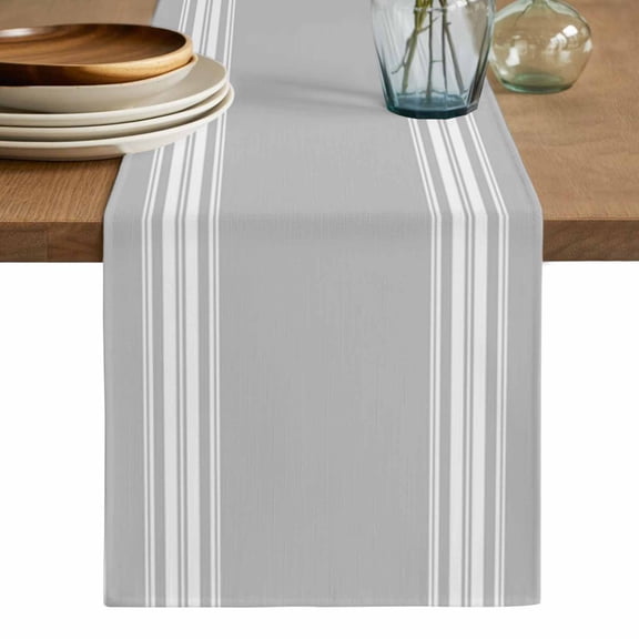 Grey Striped Table Runner, Luxurious White Stripes Modern Abstract Art Washable Cotton Linen Table Runners 48 Inches Long, Dresser Scarf Runner for Nightstand/Coffee/End Tables 13''x48''