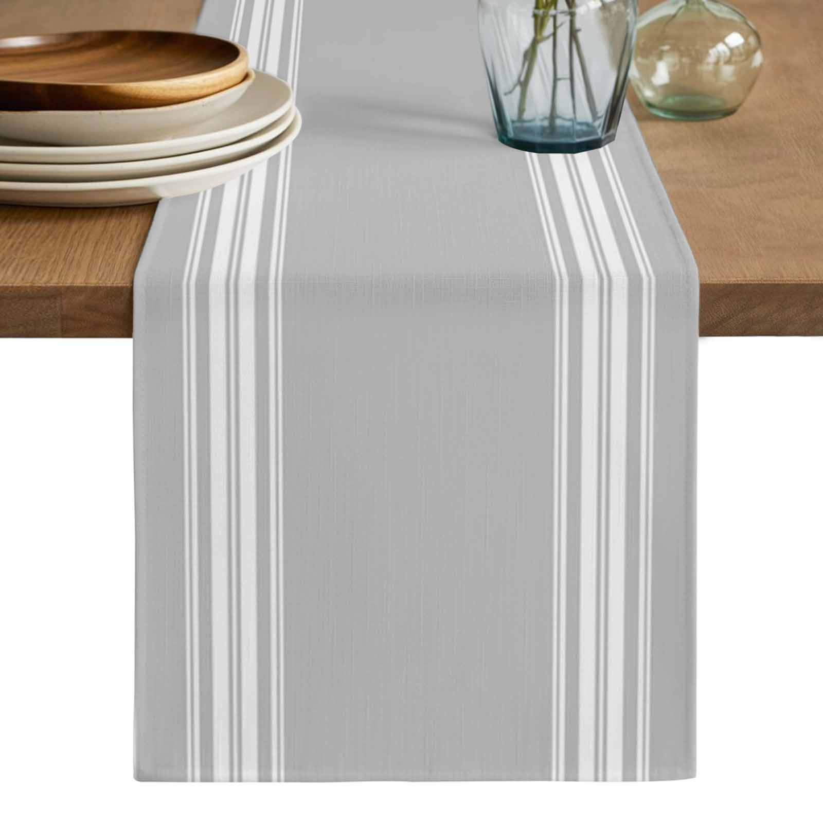 Grey Striped Table Runner, Luxurious White Stripes Modern Abstract Art Washable Cotton Linen Table Runners 90 Inches Long, Dresser Scarf Runner for Dining/Coffee/Kitchen/Hallway Tables 13''x90''